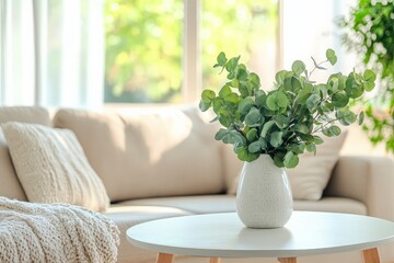 Poster - A bright and cozy living room featuring a tasteful eucalyptus centerpiece on a coffee table, surrounded by soft furnishings and warm ambient light throughout the space.