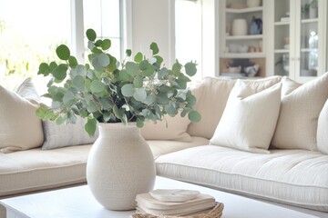 Poster - This image features a serene living room with a stylish eucalyptus arrangement in a modern vase, creating a calming and inviting atmosphere for relaxation and comfort.