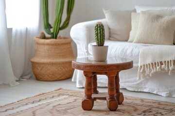 Aufkleber - A charming cactus sits atop a wooden table in a minimalist living space, creating an aesthetic focal point that embodies elegance and natural beauty.