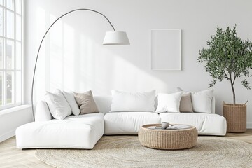 Wall Mural - A minimalist living area features a white sofa placed elegantly next to a plush area rug and a vibrant green plant, creating a stylish and inviting ambiance.