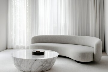 Aufkleber - A serene curved sofa paired with a stone coffee table, creating a harmonious and inviting living area complemented by natural light that casts soft shadows.