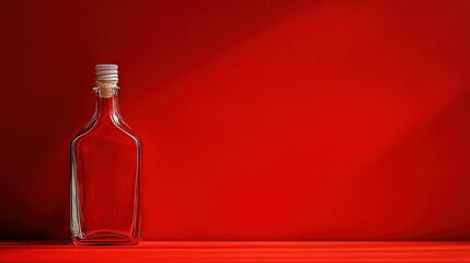 Wall Mural -   A bottle of wine rests on a crimson background with a cast shadow of the container adjacent to it