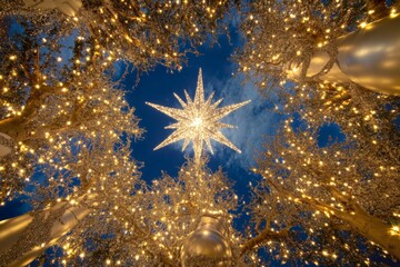 Aufkleber - A stunning view of a beautifully decorated Christmas tree with brilliant lights and a sparkling star overhead, creating a magical atmosphere of holiday joy and celebration.