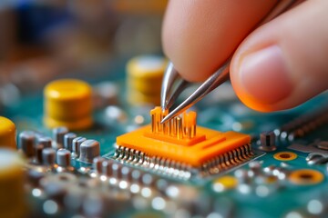 Poster - This close-up image of a circuit board highlights the intricate details of electronic components, showcasing the precision involved in modern technological design and assembly.