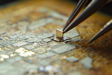 Aufkleber - A close-up view of a tiny chip being manipulated into position on a detailed circuit board, showcasing intricate technology in electronics manufacturing.