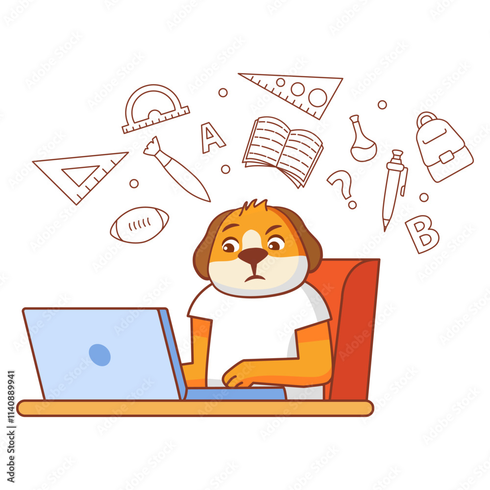 Online education,training and courses.Animal dog doing homework on ...