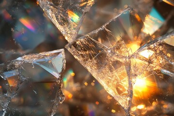 Poster - Close-up photograph of shimmering glass fragments reflecting warm light, creating vibrant colors and artful patterns that are captivating and visually striking.