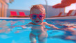 © Pavithiran - Happy baby playing in swimming pool during summer vacation. Generative Ai