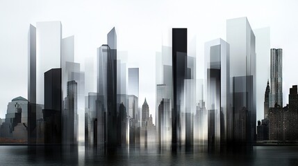 Wall Mural -   A monochromatic image of a metropolis with towering edifices in the foreground and a waterbody in the background