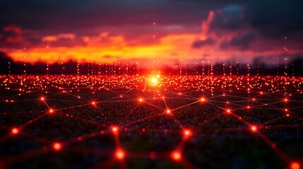Poster - Beautiful sunset visualization of edge computing and data connectivity in a digital landscape