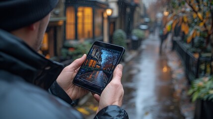 Poster - Demonstration of cloud storage use outdoors during a rainy day in a city alley