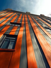 Leinwandbilder - An architectural view featuring bold vertical stripes in orange and black, creating a dynamic visual impact that emphasizes height and movement in urban design.