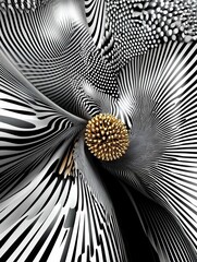 Leinwandbilder - An abstract design exhibiting dynamic swirling black and white patterns surrounding a striking centerpiece of golden spikes, symbolizing movement and energy in a refined visual.