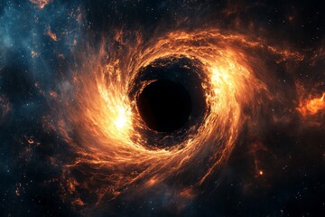 Poster - An awe-inspiring visualization of a black hole engulfed in fiery outbursts, representing the endless intrigue and vibrancy of the cosmos, a perfect blend of grandeur and mystery.