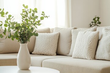 Poster - This serene living room features a cream-colored couch adorned with patterned cushions and a simple vase of eucalyptus, creating a tranquil and inviting atmosphere.
