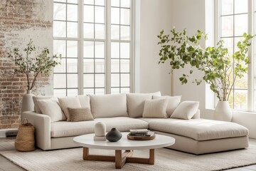 Poster - This stylish living space combines modern design with natural elements, featuring a cozy sectional sofa, a minimalist table, and greenery, creating a harmonious atmosphere.