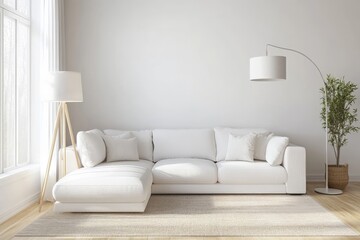 Aufkleber - A bright and airy white living room features a spacious corner sofa and a plant, creating a serene and inviting atmosphere for relaxation or social gatherings.