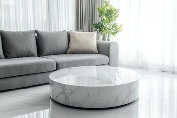 Poster - A sleek grey couch complemented by a round marble coffee table and vibrant greenery creates a fresh and stylish living space that exudes modernity and comfort.