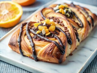 Wall Mural - Delicious Chocolate and Orange Danish Pastry on a Marble Platter. Generative AI