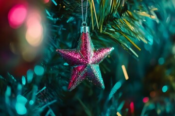 Aufkleber - This vibrant star ornament decorated with sparkles adds a festive touch to the Christmas tree, embodying the joy and spirit of the holiday season.