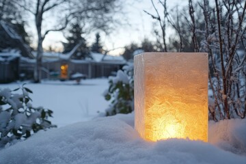 Aufkleber - An intricately designed ice candle glows warmly against a blanket of fresh snow, offering a captivating focal point during a quiet winter evening.