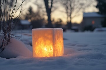 Poster - An illuminated ice block sits atop a winter landscape, casting a warm light against the cold snow, creating a unique contrast that highlights the beauty of the season.