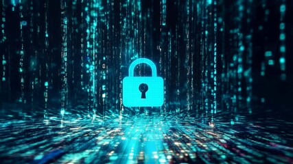 Digital security concepts with a glowing padlock amidst flowing binary code at a virtual data center