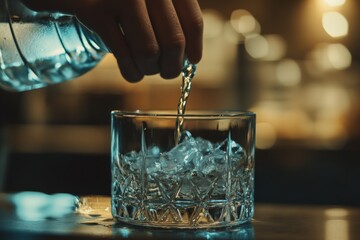 Aufkleber - A close-up image showcasing water being poured into a glass filled with ice cubes, capturing the refreshing moment and the condensation forming on the glass.