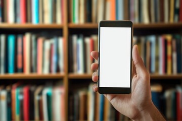 Poster - A hand holds a smartphone in front of a neatly arranged bookshelf, combining elements of literature and technology, reflecting modern education and personal growth.