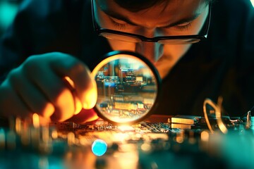 Aufkleber - An interesting arrangement of electronic components under a low light setting, capturing the complexity and artistry within the realm of technology and design effectively.