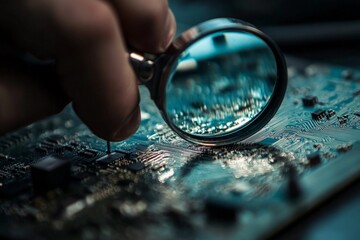 Aufkleber - A person carefully inspecting a circuit board using a magnifier, highlighting the meticulous nature of electronics repair and the detailed work involved.