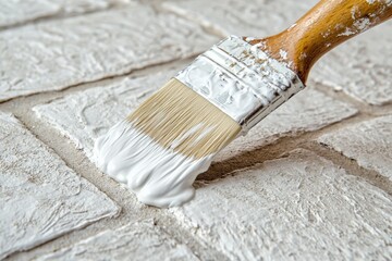 Poster - A paintbrush gently applying smooth white paint to a textured brick surface, highlighting the meticulous artistic process of renovating and refreshing a space.