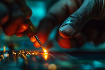 Aufkleber - A skilled hand meticulously working with a soldering tool on a circuit board, showcasing the precision and attention to detail required in electronics craftsmanship and repair.