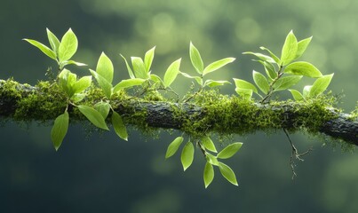 Canvas Print - A green leafy branch with moss growing on it