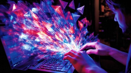 Poster - Person using laptop, vibrant digital explosion.