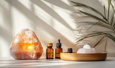 Poster - A salt lamp sits on a table next to a bottle of lavender oil