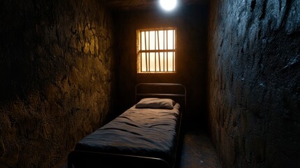 Poster - A dark room with a bed and a window