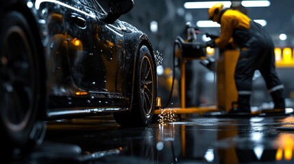 A man is working on a car in a garage