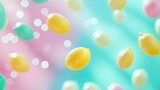  A collection of lemons suspended in mid-air amidst a vibrant backdrop of blue, pink, and yellow with iridescent bubbles