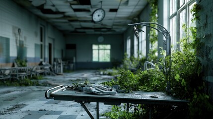 Poster - A room with a clock on the wall and a table with a keyboard on it