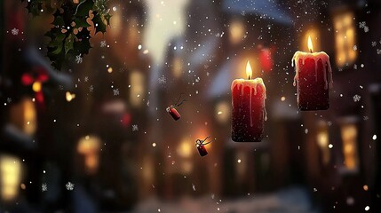 Canvas Print -   A red candle sits atop a window next to the snowy street and snowflakes