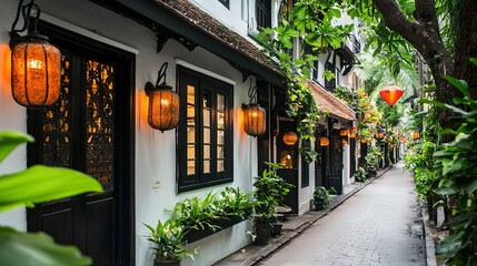 Wall Mural -   A slender road flanked by white structures featuring black shades and lanterns dangling from building sides