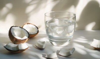 Canvas Print - A glass of water with a piece of coconut on the table