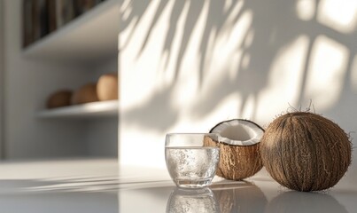 Poster - A glass of water sits on a table next to two coconuts