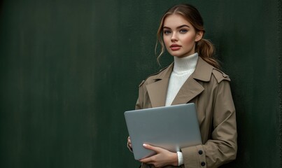 Wall Mural - A woman is holding a laptop in her hand