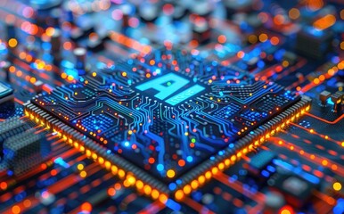 Poster - Close-up of an AI chip, surrounded by glowing lights and intricate circuit patterns, with a background filled with digital elements, representing advanced technology