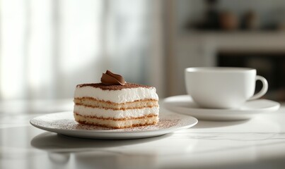 Poster - A slice of cake on a plate with a cup of coffee next to it