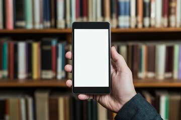 Poster - A smartphone screen is held in a hand against the backdrop of a library, symbolizing the fusion of technology and knowledge in a modern learning environment.