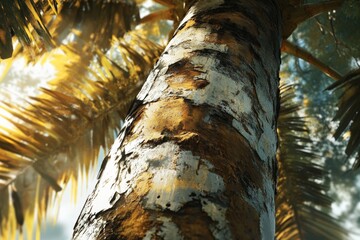 Poster - An artistic perspective of a birch tree trunk, capturing the gleaming bark and vibrant foliage, highlighting nature's elegance and intricate details in a serene setting.