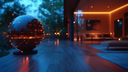 Poster - Smart home AI system with CCTV monitoring in a modern living space during the evening
